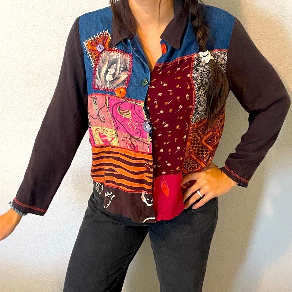 90s Cottage-core Patchwork Allure Button Down Long Sleeve with fun buttons